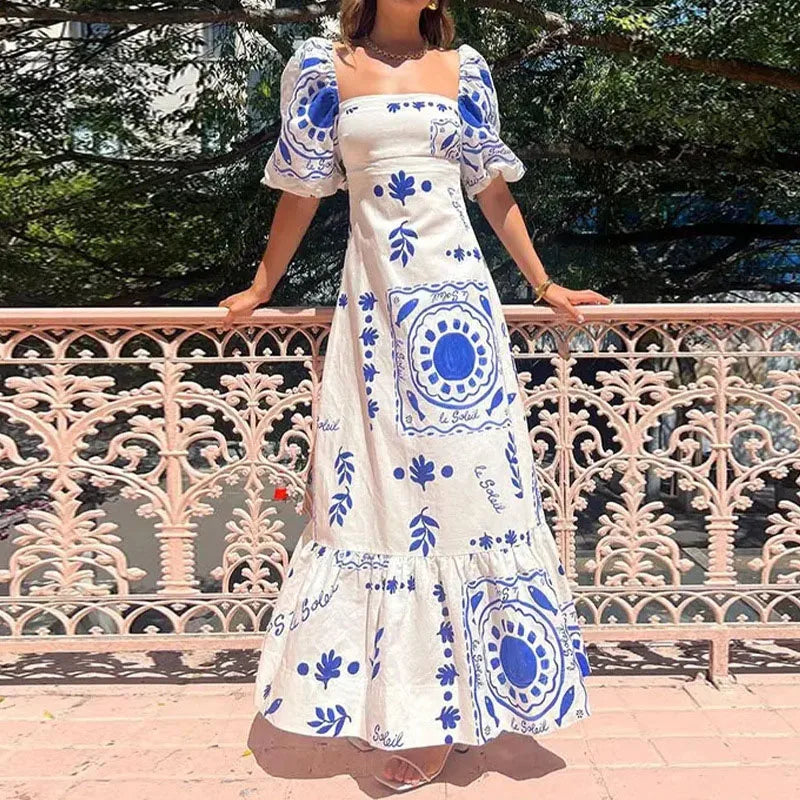 Elegant Floral Puff Sleeve A-Line Dress | Bellanica