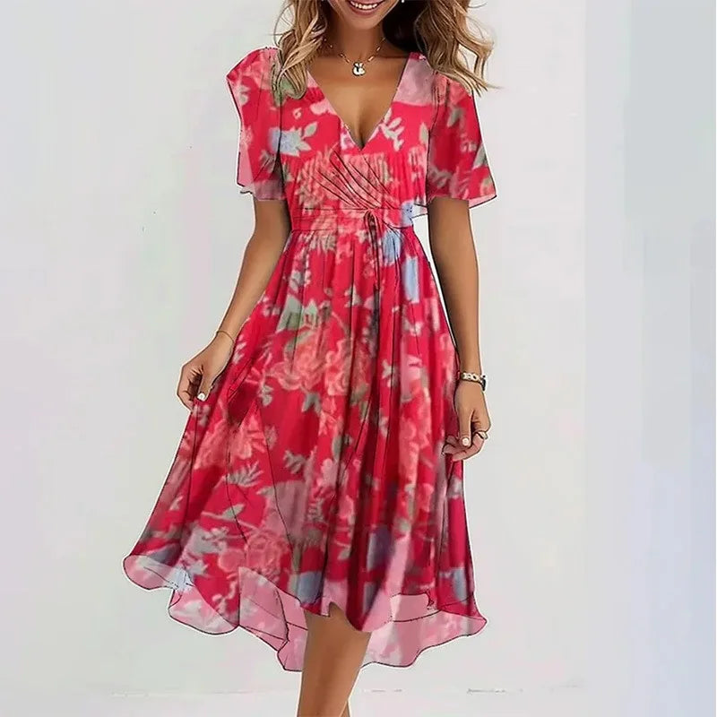 Red Elegant Floral V Neck Dress for Women | Bellanica Casual Style