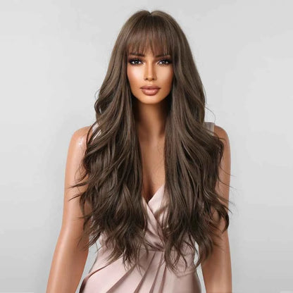 Brown Wavy Wig with Bangs Heat-Resistant