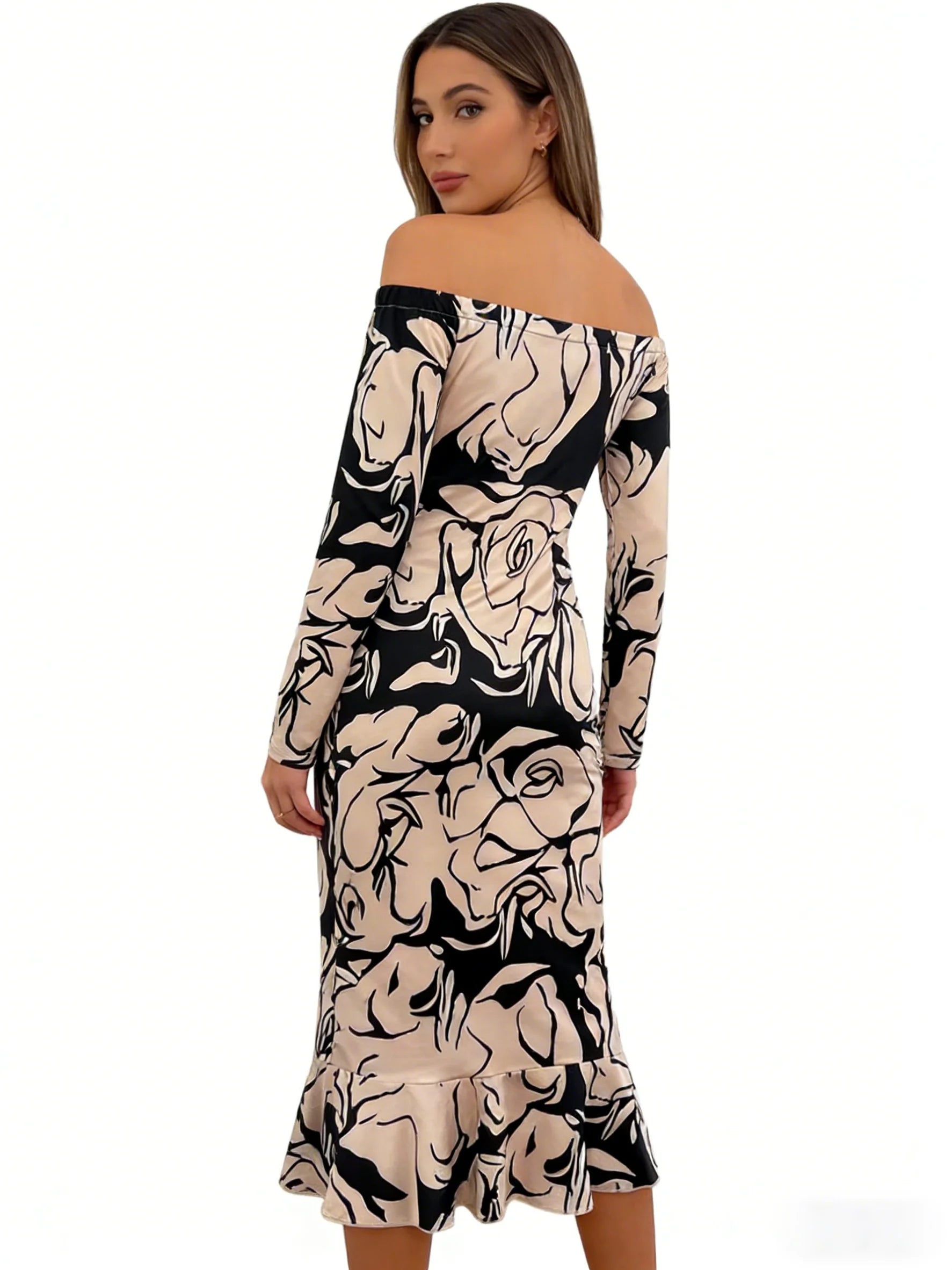 One-Shoulder Printed Dress with Ruffled Slit