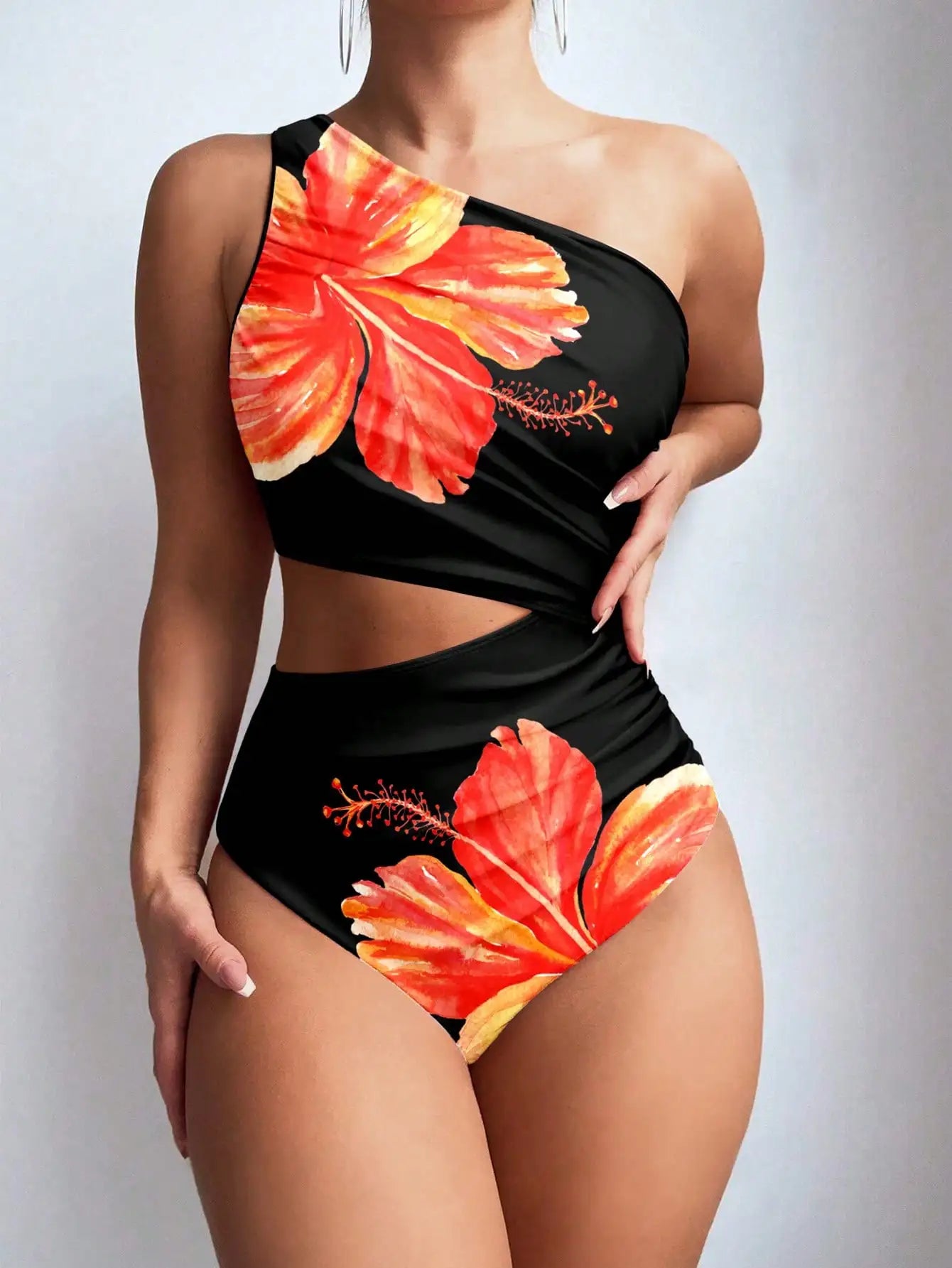 Asymmetric Striped Cutout One-Piece Swimsuit