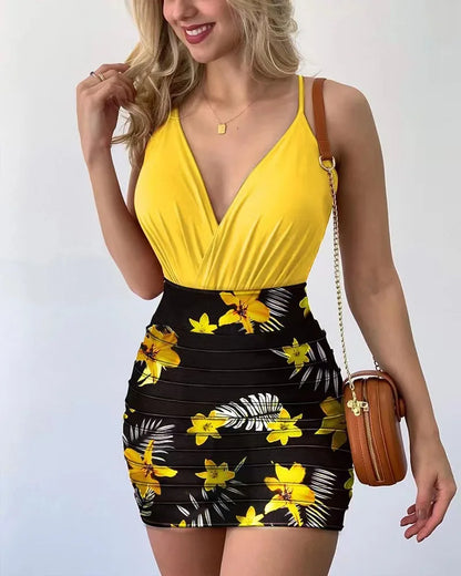 Summer V-neck floral camisole shorts set