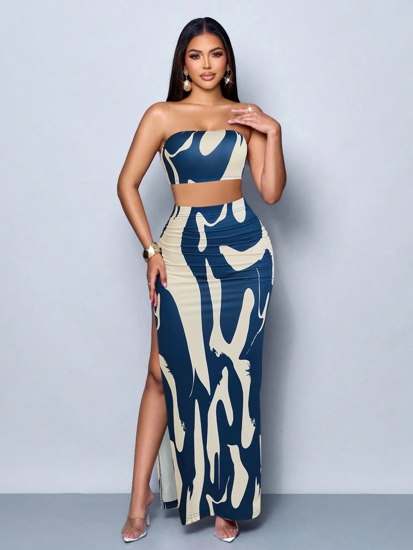 Abstract Stripe Strapless Bodycon Dress