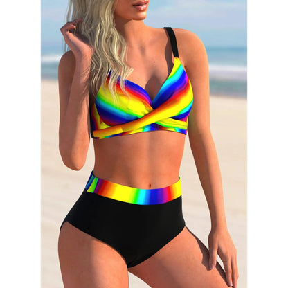 Bellanica - Rainbow Stripe High Waist Bikini Set