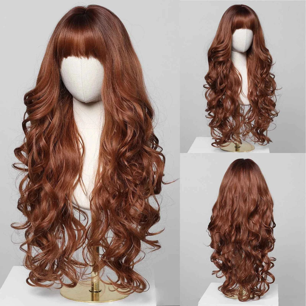 Brown Wavy Wig with Bangs Heat-Resistant