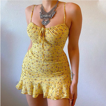 Bellanica - Floral Lace-Up Ruffle Mini Dress