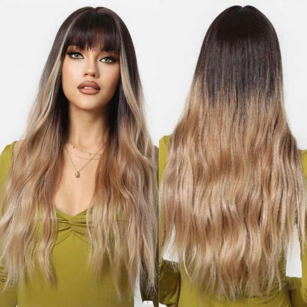 Brown Wavy Wig with Bangs Heat-Resistant