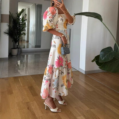 Elegant Floral Puff Sleeve A-Line Dress | Bellanica