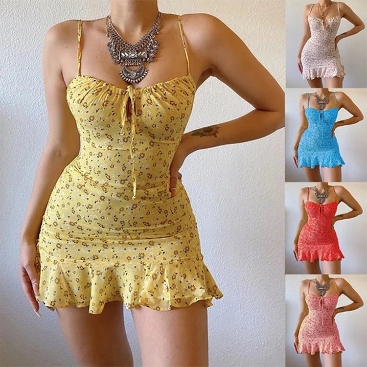 Bellanica - Floral Lace-Up Ruffle Mini Dress