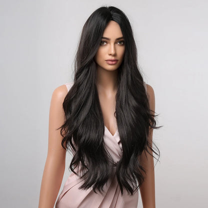 Dark Brown Long Wavy Synthetic Wig - back view