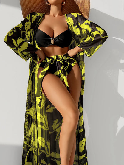 Three-Piece Printed Bikini Set with Cover-Up