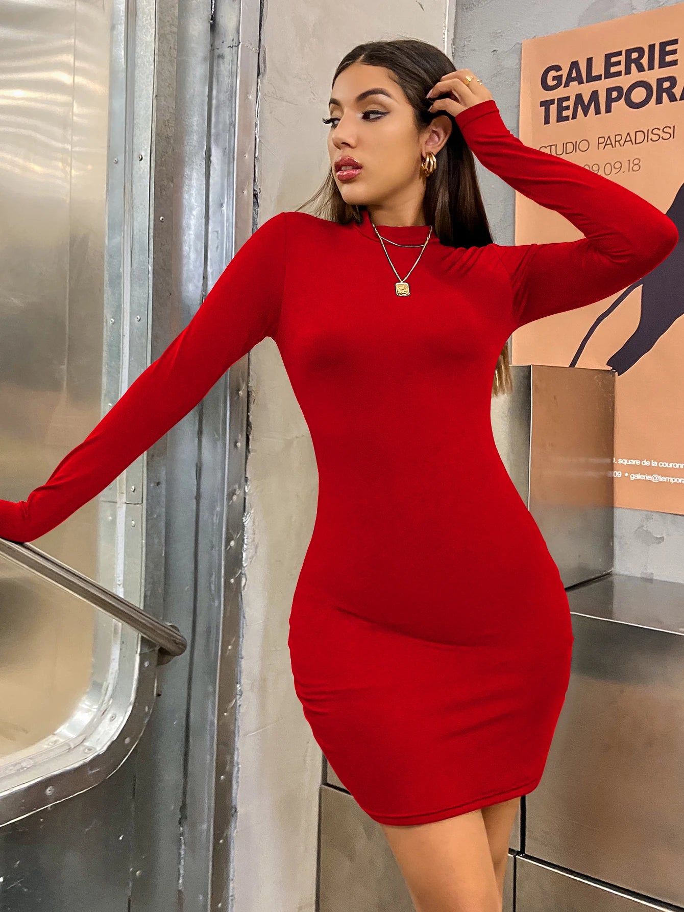 Bellanica - Slim Long Sleeve Turtleneck Mini Dress