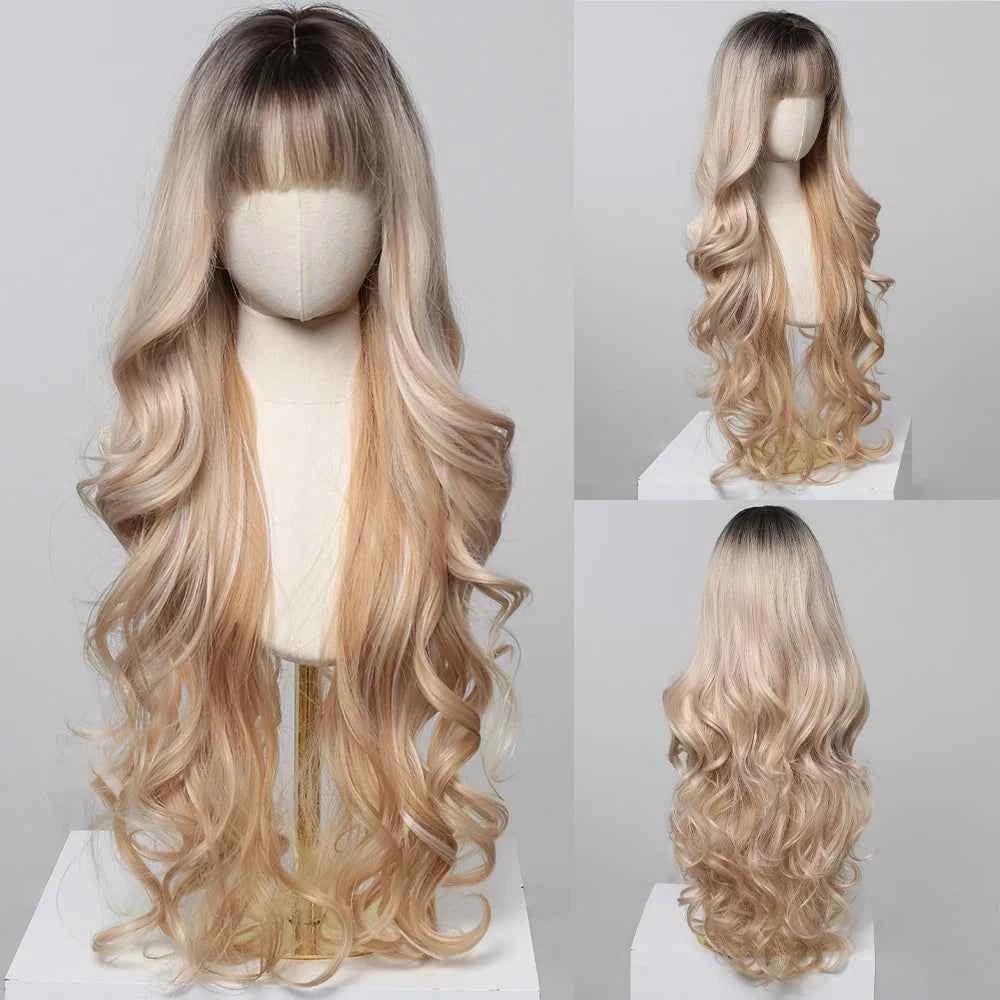 Brown Wavy Wig with Bangs Heat-Resistant