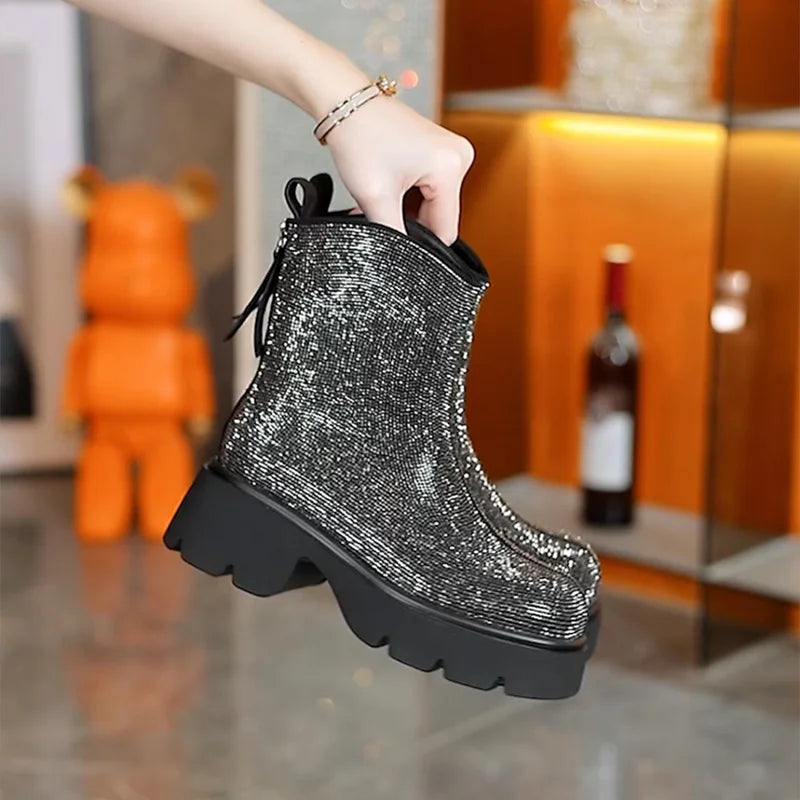 Bellanica - Women’s rhinestone mid-heel ankle boots