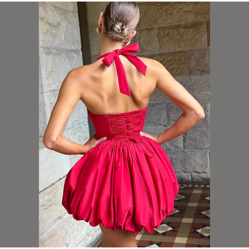 Bellanica - Elegant Pink Halter Pleated Mini Dress