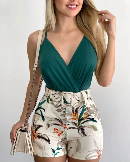 Summer V-Neck Floral Camisole Shorts Set