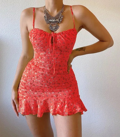 Bellanica - Floral Lace-Up Ruffle Mini Dress