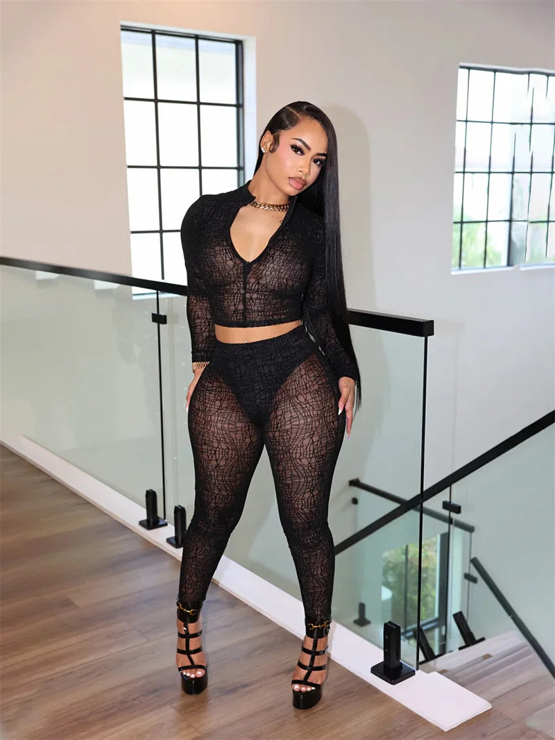 Sheer Mesh Two-Piece Clubwear Crop Set