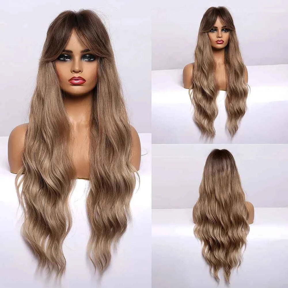 Brown Wavy Wig with Bangs Heat-Resistant