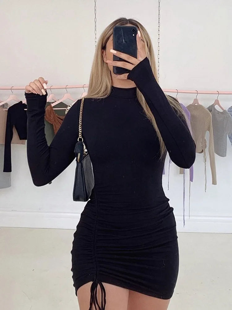 Bellanica - Ruched Turtleneck Bodycon Mini Dress