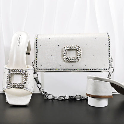 Bellanica - Escarpins argentés ornés de strass, avec sac à main de luxe