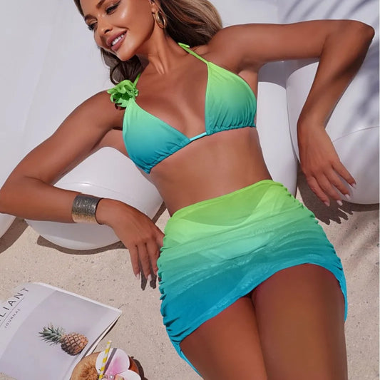 Bellanica - Gradient Halter Bikini Set with Skirt