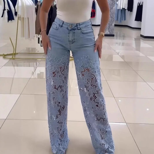 Bellanica - Wide jeans with floral pattern and lace for women