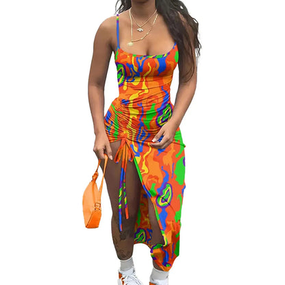 Bellanica - Robe d'été fendue à bretelles imprimée et sexy