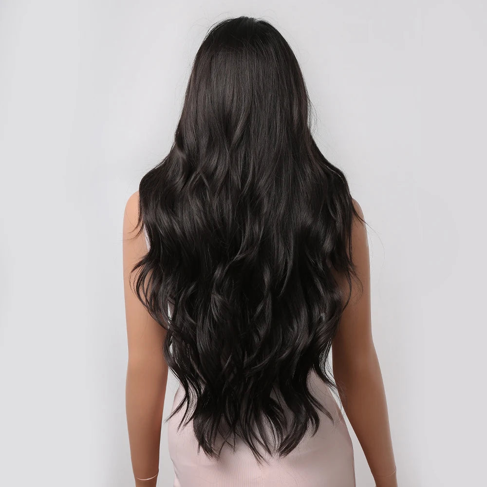 Dark Brown Long Wavy Synthetic Wig - side view