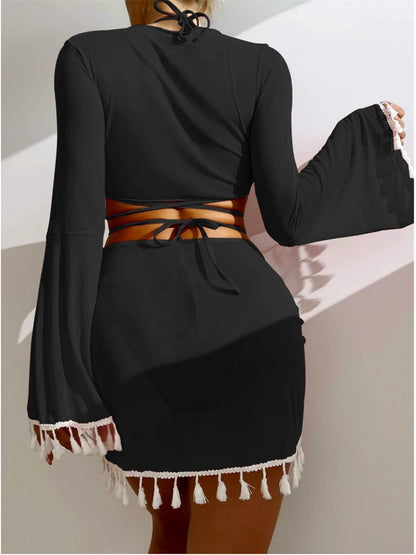 Four-Piece Halter Bikini Set with Cover-Up and Skirt