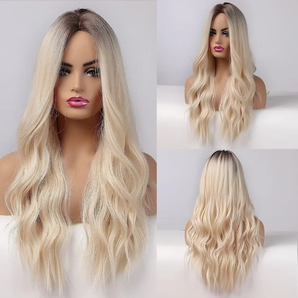 Dark Brown Long Wavy Synthetic Wig Middle Parting