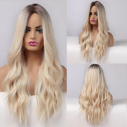 Dark Brown Long Wavy Synthetic Wig Middle Parting