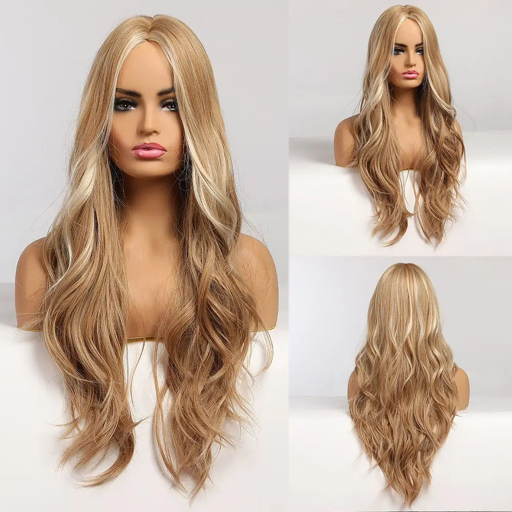 Dark Brown Long Wavy Synthetic Wig Middle Parting