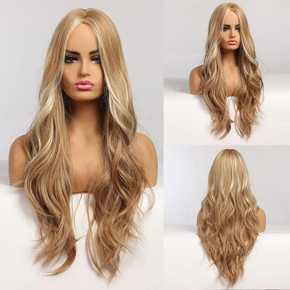 Dark Brown Long Wavy Synthetic Wig Middle Parting