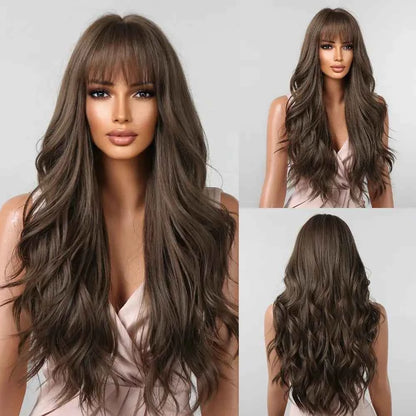 Brown Wavy Wig with Bangs Heat-Resistant