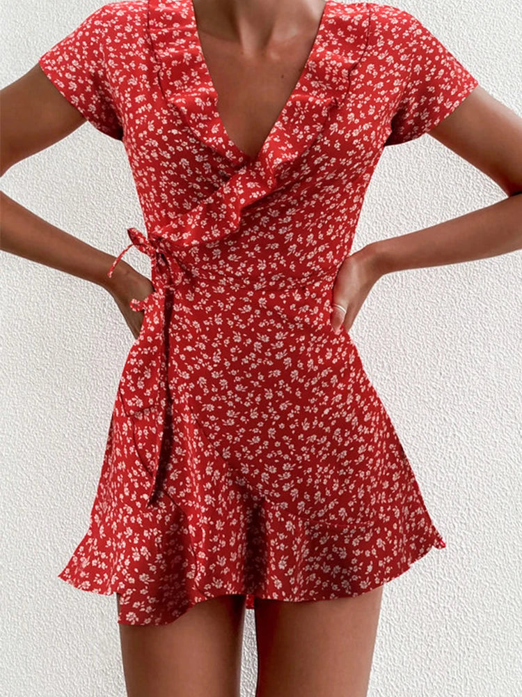 Bellanica - Floral Ruffle V-Neck Mini Dress