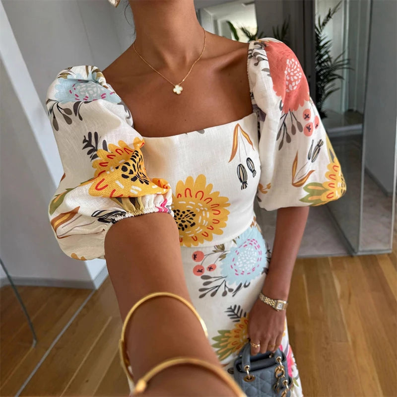 Elegant Floral Puff Sleeve A-Line Dress | Bellanica