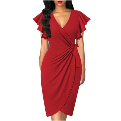 Bellanica - Faux Wrap V-Neck Ruffle Dress