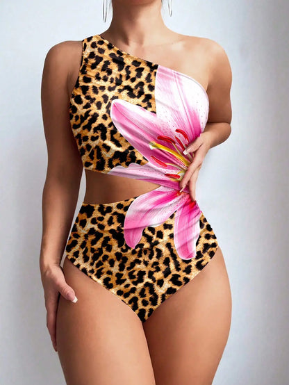 Asymmetric Striped Cutout One-Piece Swimsuit