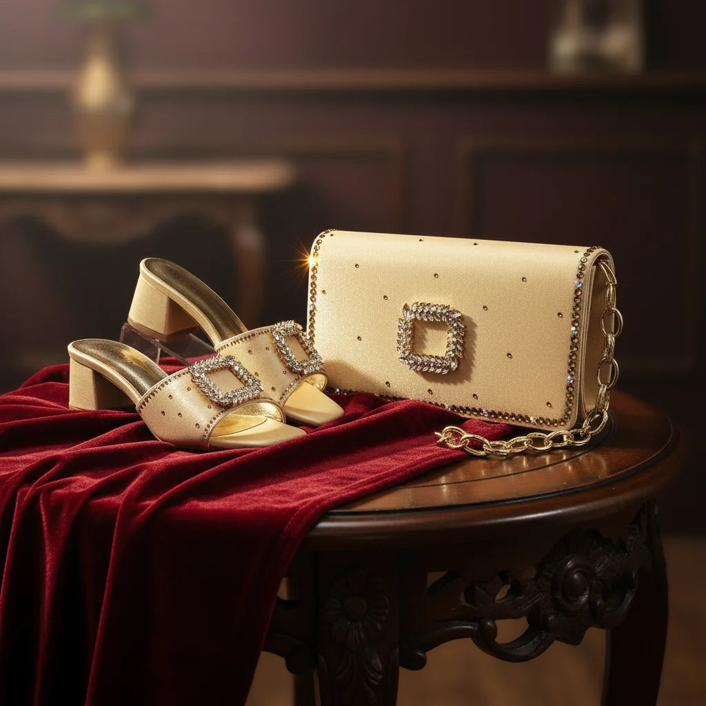 Rhinestone Heels with Luxury Handbag
