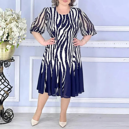 Elegant Blue Vintage Printed Summer Dress
