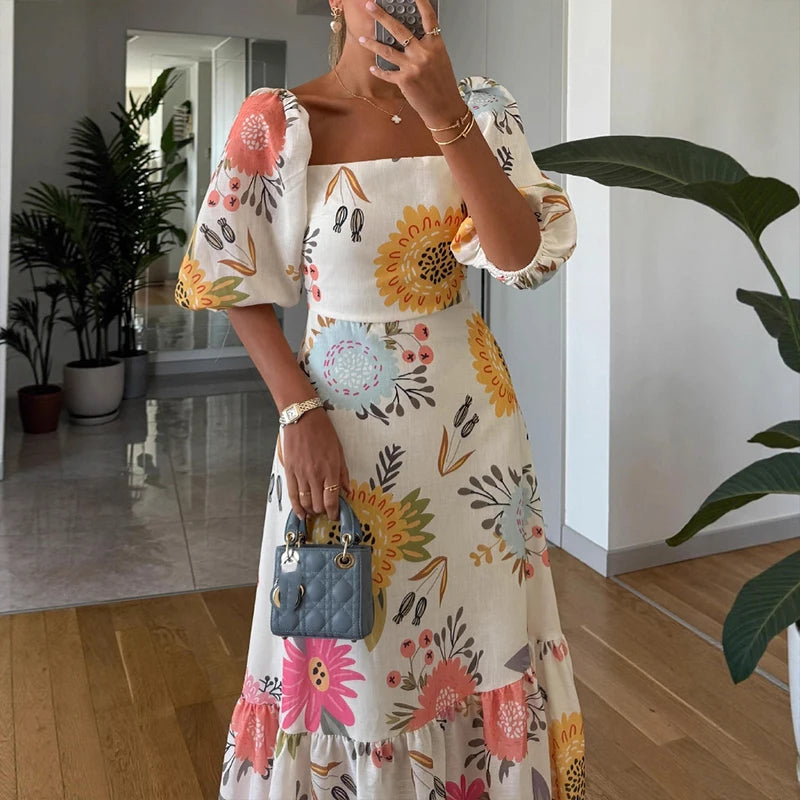 Elegant Floral Puff Sleeve A-Line Dress | Bellanica