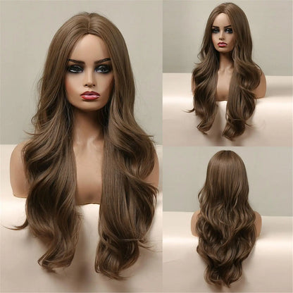Dark Brown Long Wavy Synthetic Wig Middle Parting