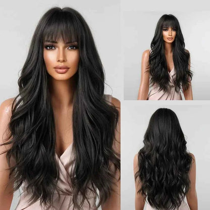 Brown Wavy Wig with Bangs Heat-Resistant