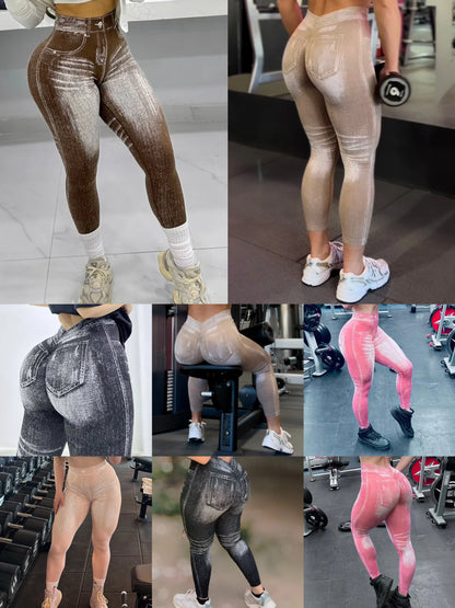 Bellanica - Faux Denim V-Back Gym Leggings