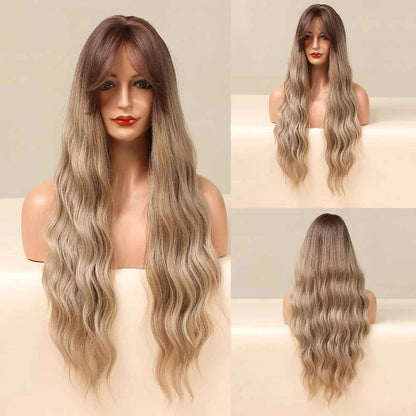 Brown Wavy Wig with Bangs Heat-Resistant
