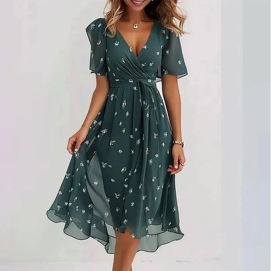 Blue Elegant Floral V Neck Dress for Women | Bellanica Casual Style