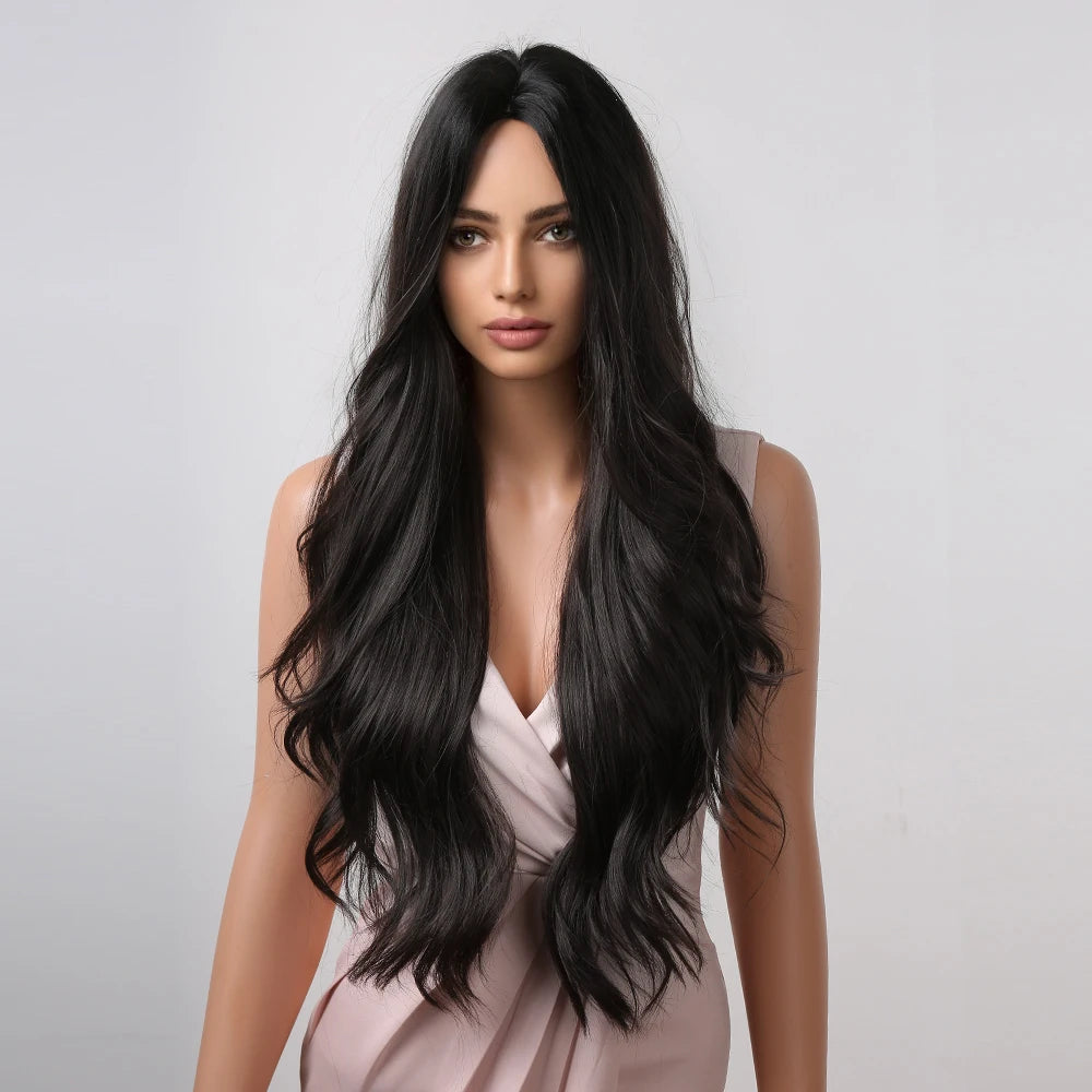 Dark Brown Long Wavy Synthetic Wig - detail