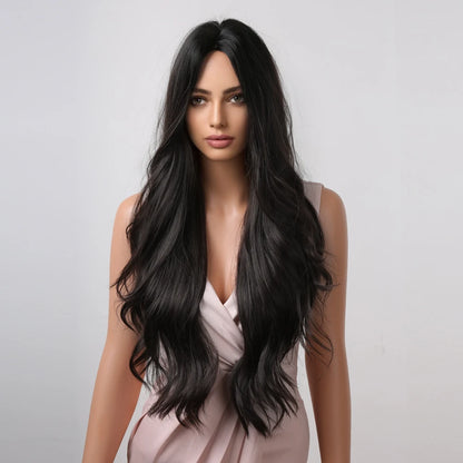 Dark Brown Long Wavy Synthetic Wig - detail