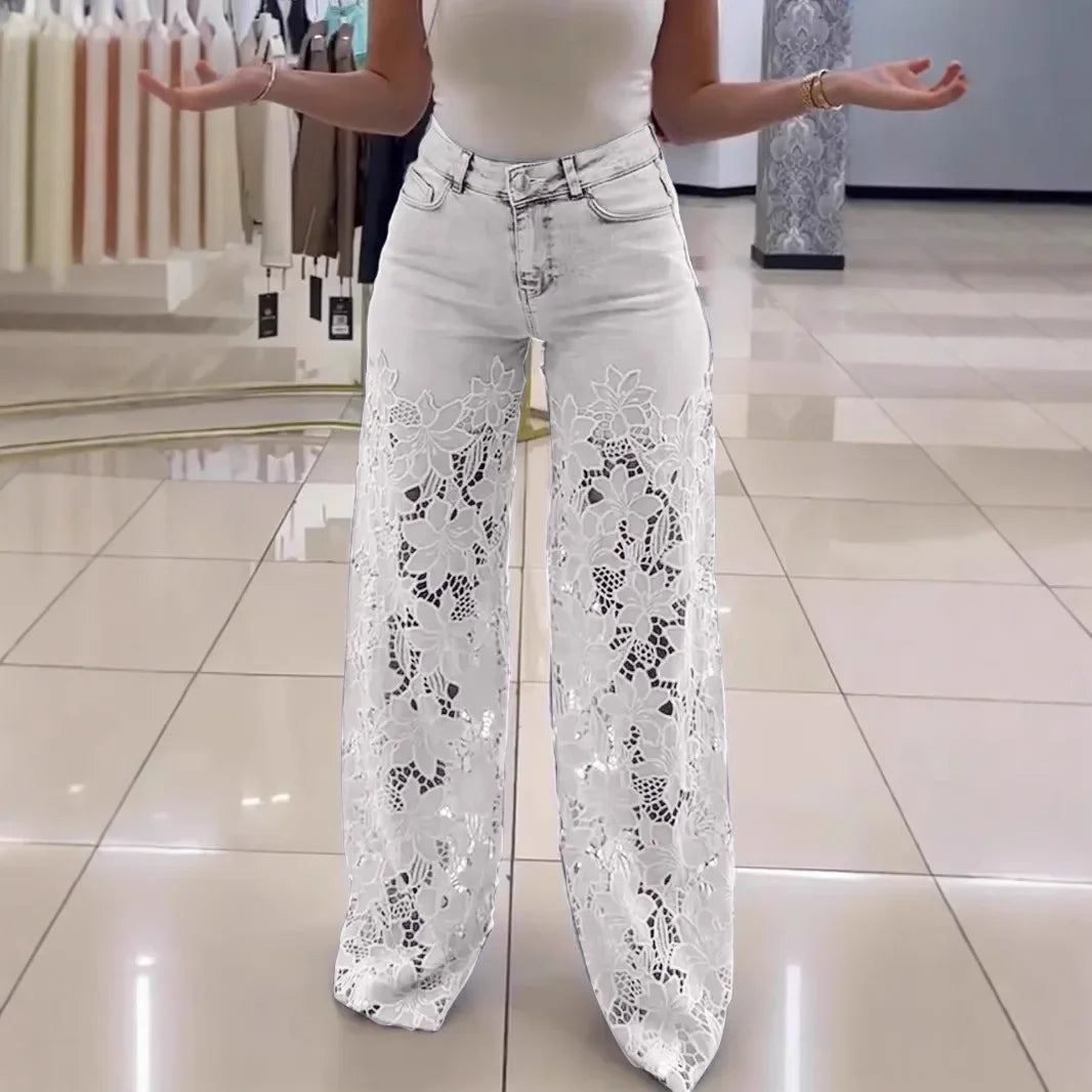 Bellanica - Wide jeans with floral pattern and lace for women